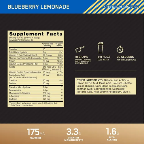 Miniatura 3 de Suplemento Dorado Estándar para antes del entrenamiento Optimum Nutrition, para 30 porciones, 10.6 onzas, 2730503, 1, 1