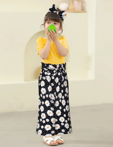 Miniatura 14 de DONWEN Conjunto de 3 piezas de ropa para niñas pequeñas y niñas con cuello cuadrado + pantalones elegantes + diadema para primavera y verano