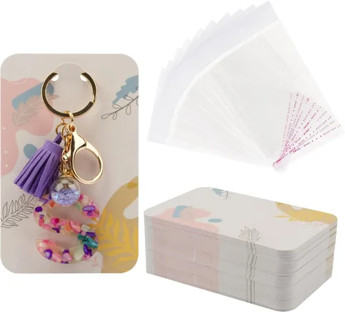 Temlum 100 Piezas Tarjetas de Exhibición de Llaveros con Bolsas Autosellantes, Soporte para Tarjetas de Llaveros de 3'' x 4.7'' para Exhibir Plants