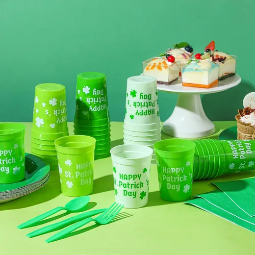Miniatura 3 de Maxcheck 120 vasos de plástico desechables para fiesta del día de San Patricio a granel, feliz día de San Patricio, 10 onzas, trébol irlandés