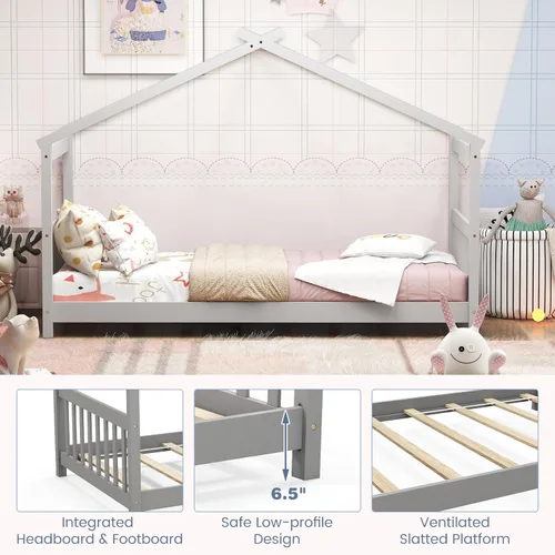 Miniatura 5 de KOMFOTT Cama de Casa de Madera Twin para Niños, Marco de Cama de Piso de Perfil Bajo con Techo, Cabecera y Pie de Cama para Niños y Niñas, No