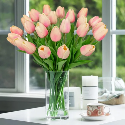 Miniatura 5 de 24 tulipanes rosas – Flores artificiales – Tulipanes artificiales de 13.5 pulgadas para el día de la madre, jarrón, centros de mesa, hogar, ramo