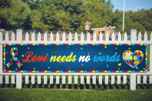 Miniatura 4 de Love Needs No Words - Cartel de valla para concientización sobre el autismo, pieza de rompecabezas con forma de corazón, fiesta, cabina de fotos