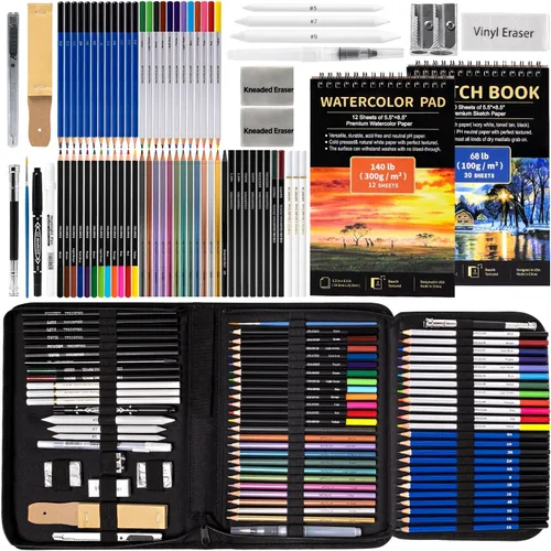 Drawdart Art Supplies - Juego de lápices de dibujo, 76 unidades, kit de dibujo profesional con cuaderno de bocetos y bloc de acuarela, incluye