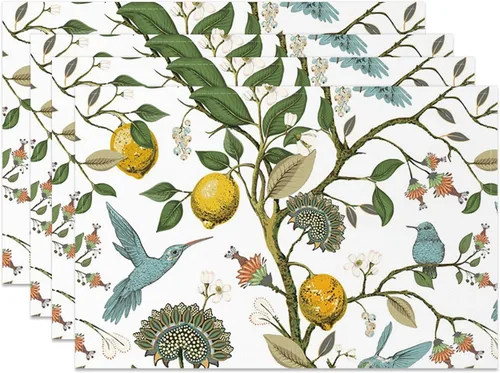 Miniatura 8 de Juego de 4 manteles individuales florales de lino y algodón, lavables, resistentes al calor, reutilizables, para cocina, comedor, 12 x 18 pulgadas