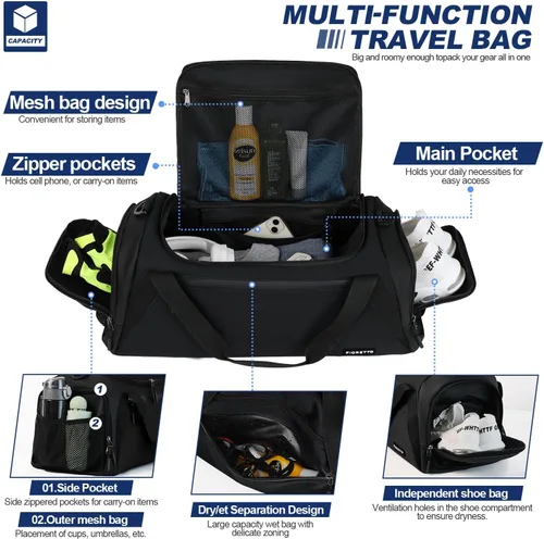 Miniatura 3 de FIORETTO 43L Mens Sports Gym Bag with Wet Pocket & Shoe Compartment, Travel Duffle Bag Overnight Bag with Padded Shoulder Strap, Water-Resistant
