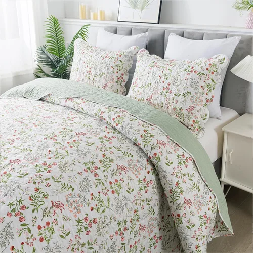 Miniatura 14 de Travan Juego de Edredón de 3 Piezas Tamaño King Colcha Acolchada Ligera Juego de Cubrecama Reversible con Estampado Floral Juego de Ropa de Cama