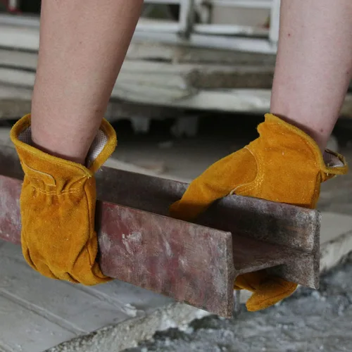 Miniatura 6 de OZERO Guantes de trabajo de piel de vaca con agarre flexible para cortar madera, construcción, conducción de camiones, jardín/patio para trabajo Oro