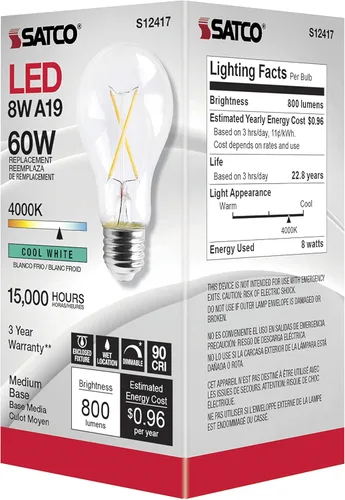 Miniatura 6 de Satco Bombillas LED A19 regulables, 8 vatios, 800 lúmenes, blanco frío 4000K, CRI 90+, acabado transparente, base media E26, 120 voltios, regulable