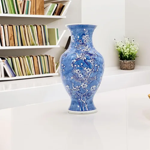 Miniatura 6 de Galt International Jarrón de Cerámica Floral de Grulla Chinoiserie Blanco y Azul de 14" - Jarrón Antiguo Pintado a Mano de Porcelana Estilo Chino