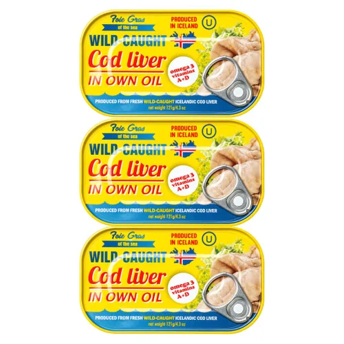 Foie Gras of the Sea Hígado de bacalao enlatado (Foie de Morue) en aceite propio, 4.3 onzas (paquete de 3), hígado de bacalao islandés capturado en