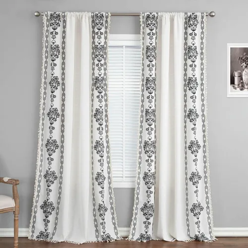 VOGOL Cortinas bohemias de 84 pulgadas de largo, cortinas decorativas con textura de lino para sala de estar, patrón de flores negras, bolsillo para