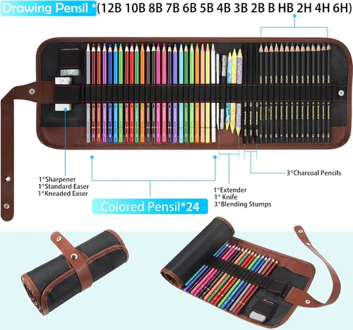 Miniatura 4 de Kit de lápices de dibujo y dibujo de 52 piezas, 24 lápices de colores para libros de colorear, lápiz de grafito y carbón, cuaderno de bocetos de 3
