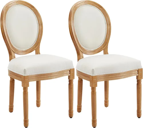Miniatura 24 de Juego de 2 sillas de comedor francesas con respaldo redondo, sillas de comedor tapizadas de mediados de siglo con patas de madera maciza para Beige