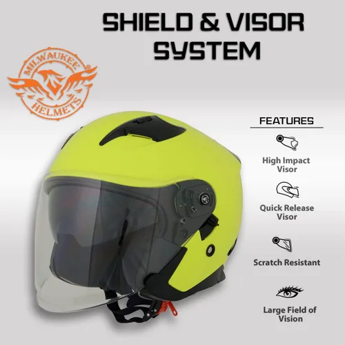 Miniatura 4 de Milwaukee Helmets MPH9823DOT 'Shift' - Casco de cara abierta 3/4 amarillo neón para hombres y mujeres con visera tintada desplegable