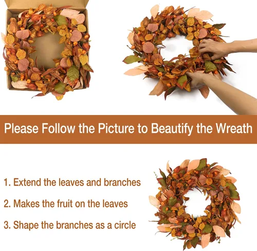 Miniatura 6 de Corona de otoño con calabaza pequeña, bayas y hojas, 22 pulgadas, decoración de granja para interiores y exteriores