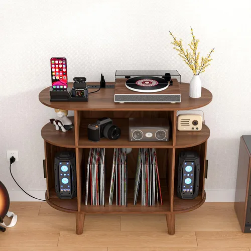 Miniatura 4 de LUVIOHOME Soporte redondo para tocadiscos, mesa de tocadiscos de mediados de siglo, estante para tocadiscos de vinilo con salida de corriente