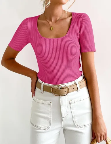 Miniatura 8 de ZESICA Camisetas de manga corta con cuello cuadrado para mujer, ajustadas, de verano, de punto acanalado, básicas, casuales
