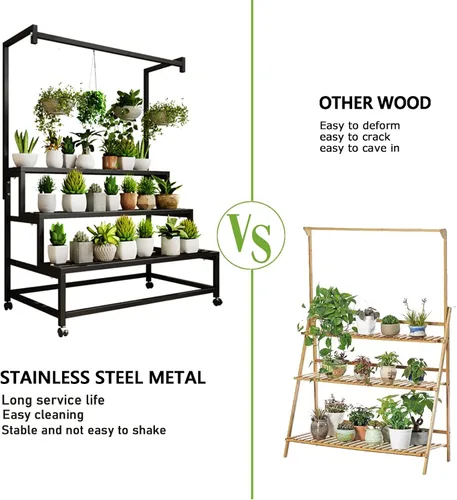 Miniatura 2 de Soporte de metal grande de 3 niveles, con estante alto para macetas colgantes, con rodillos resistente para plantas, para el hogar, jardín, sala