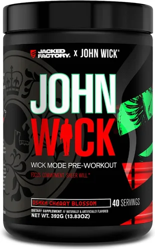 Jacked Factory X John Wick - Polvo de preentrenamiento modo Wick - Energía intensa, enfoque listo para la batalla, compromiso imparable y voluntad