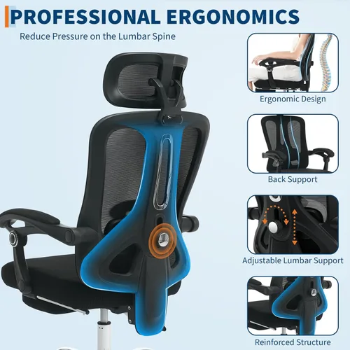 Miniatura 5 de GarveeHome Silla de oficina ergonómica de respaldo alto con respaldo de malla, reposapiés retráctil, reposacabezas ajustable y soporte lumbar, silla