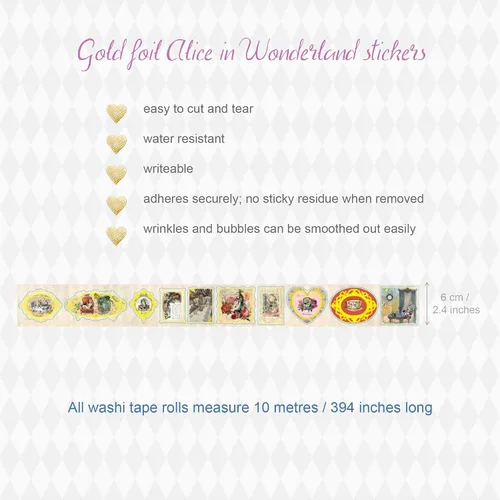 Miniatura 2 de Serenity Fair Alice Adventures in Wonderland Gold Foil Pegatinas de papel washi. Aproximadamente 160 pegatinas de lámina dorada