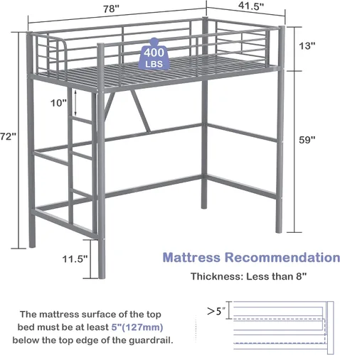 Miniatura 2 de VECELO Cama tipo loft tamaño individual, marco de cama de metal con escalera extraíble y barandilla de seguridad, no necesita somier, ahorro de Gris