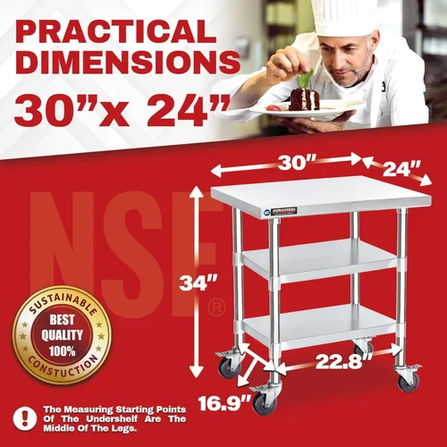 Miniatura 2 de Mesa de trabajo DuraSteel de acero inoxidable 30" x 24" x 34" de altura con 4 ruedas giratorias - Mesa de trabajo para preparación de alimentos