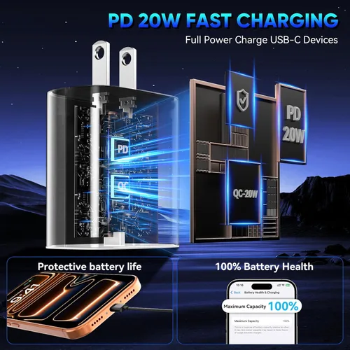 Miniatura 5 de Cargador para teléfono 17, 16, 15 Pro, carga rápida, 20 W, USB C, bloque de carga rápida con cargadores tipo C de 6.6 pies de largo, cable de carga