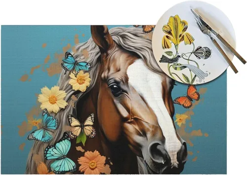 Miniatura 5 de 6 PCS PVC Placemats Set Place Mats A Horse with Flowers and Butterflies Non-Slip Weave Place Mats 12" x 18" Farmhouse Durable Table Mat Set for