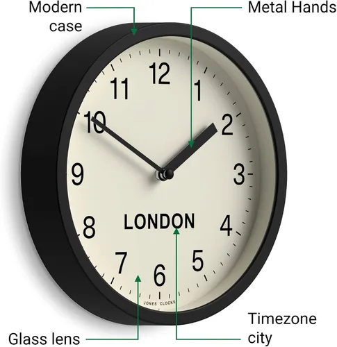 Miniatura 5 de JONES CLOCKS® London Time Zone Reloj de pared Reloj redondo pequeño y moderno 8 pulgadas Negro Números fáciles de leer Ideal para cocinas