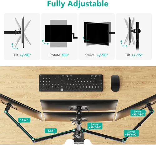 Miniatura 5 de WALI Soporte para monitor cuádruple para pantallas de 13 a 27 pulgadas, soporte de 4 monitores totalmente ajustable con kit de base giratoria