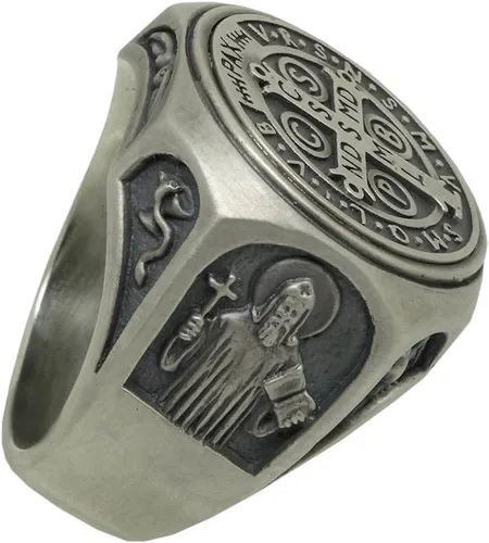 Miniatura 8 de Anillo de plata de ley 925 de San Benito para hombre, exorcismo católico cristiano, protección demoníaca