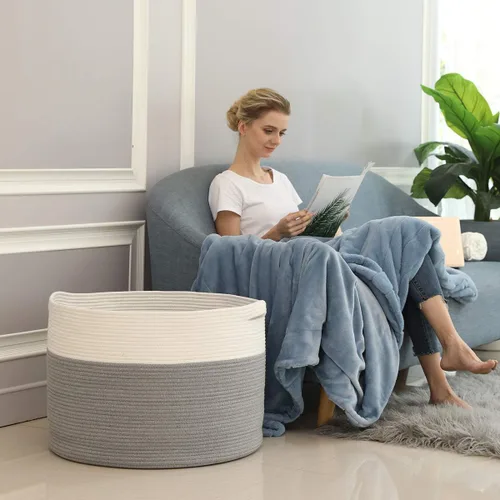 Miniatura 3 de Cesta grande de cuerda de algodón de tamaño máximo de 24 x 24 x 17 pulgadas, cesta de almacenamiento extragrande, cesta de lavandería tejida, Gris