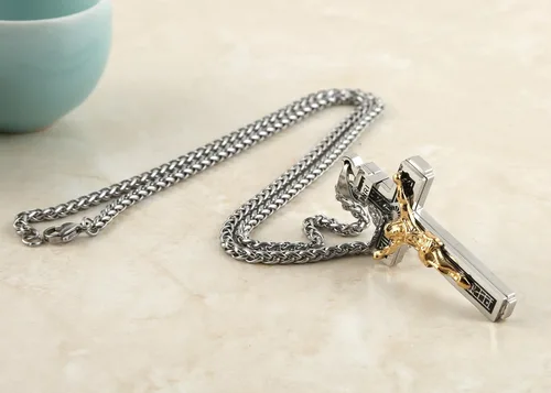 Miniatura 6 de HZMAN Católico Jesucristo en INRI Cruz Crucifijo Oro Plata Tono Acero Inoxidable Colgante Collar 22+2 Cadena