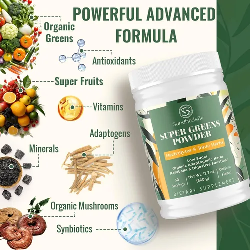 Miniatura 3 de Super Greens - Superalimento en polvo + electrolitos y hierbas tónicas Verdes orgánicos, shilajit, adaptógenos, antioxidantes, preobióticos