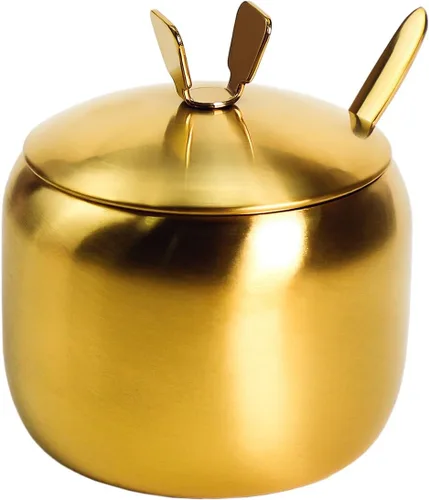 Tazón de azúcar de acero inoxidable con jarra de especias, almacenamiento, recipiente para condimentos con tapa y cuchara Dorado