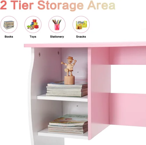 Miniatura 5 de Juego de escritorio y silla para niños, escritorio de estudio para niños con estante de almacenamiento, mesa de estudio escolar de madera, mesa