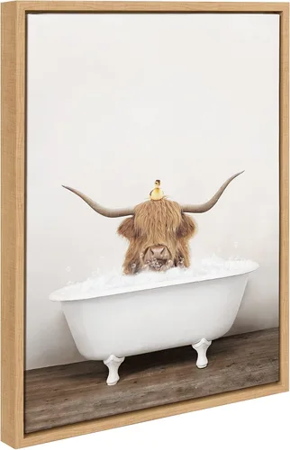 Miniatura 2 de Kate and Laurel Sylvie Highland Cow and Duckling in Rustic Bath - Lienzo enmarcado para pared por Amy Peterson Art Studio; 18 x 24 pulgadas, Natural