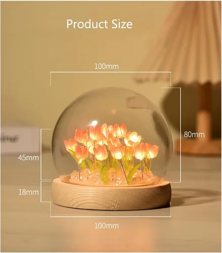 Miniatura 4 de Luz nocturna de tulipanes de bola de cristal, lámpara de noche de flores de bola de vidrio con base de madera, regalos de tulipanes para mujeres