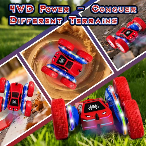 Miniatura 3 de Spider - Coche de control remoto 4WD 360° Flips RC Stunt Car Monster Truck Juguetes de doble cara Drift RC Cars con luces LED, 2 módulos de batería