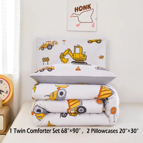 Miniatura 5 de ZRNBAST Juego de ropa de cama individual para niños y niños, beige, con diseño de coches de dibujos animados, excavadora, tractor, juego de edredón