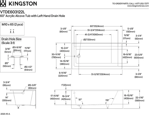 Miniatura 6 de KINGSTON BRASS VTDE603122L - Bañera de acrílico de 60 pulgadas para nicho contemporáneo, con desagüe y orificios de desbordamiento a la izquierda