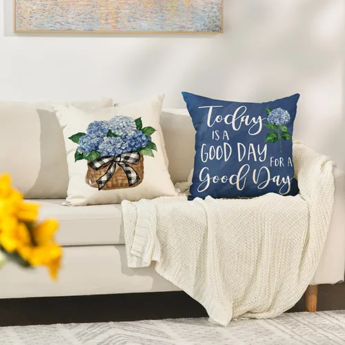 Miniatura 5 de AVOIN colorlife Juego de 4 fundas de almohada de hortensias azules para primavera y verano, 16 x 16 pulgadas, diseño de «Today is A Good Day»