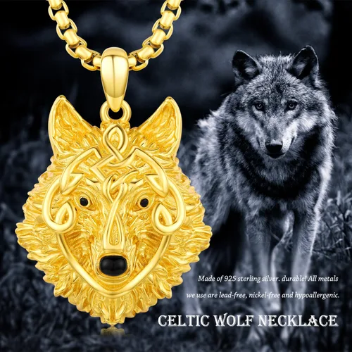 Miniatura 7 de Twoowl Collar de cabeza de lobo para hombre, plata de ley 925, oro con colgante de lobo, collar Fenrir nórdico pagano, joyería punk para hombres