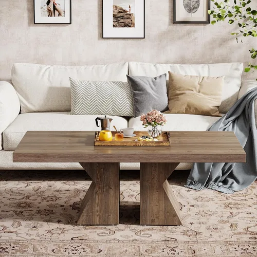 Miniatura 5 de Tribesigns Mesa de centro de madera, mesa central rectangular de 47 pulgadas con base de madera gruesa, mesa de cóctel con aspecto de madera