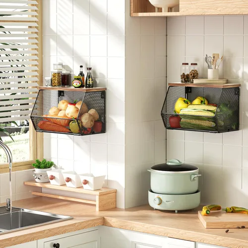 Miniatura 4 de Cesta de frutas apilable para encimera de cocina, ahorro de espacio, cesta de alambre de malla de metal montada en la pared con tapa de madera, Negro