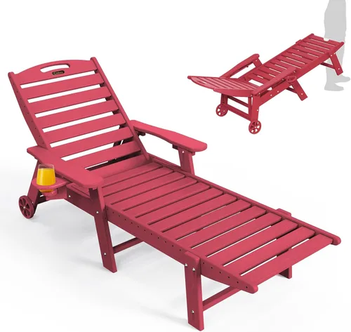 Miniatura 22 de Ciokea Silla de Descanso para Exteriores, Tumbona de Gran Tamaño con 5 Posiciones, HDPE, Silla de Descanso de Patio con Ruedas y Portavasos para Gris