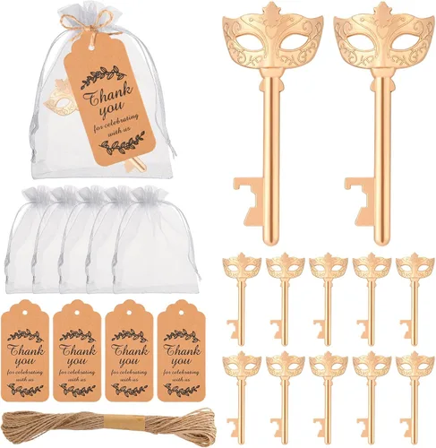 Miniatura 8 de 50 piezas de abrebotellas de huellas, recuerdos de baby shower para bebé invitado con llavero y bolsas de organza (dorado)