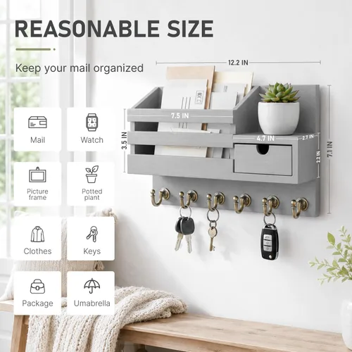Miniatura 2 de FifthQuarter Organizador de llaves y correo para pared, organizador de correo con montaje en pared con 6 ganchos y cajón de almacenamiento, estante